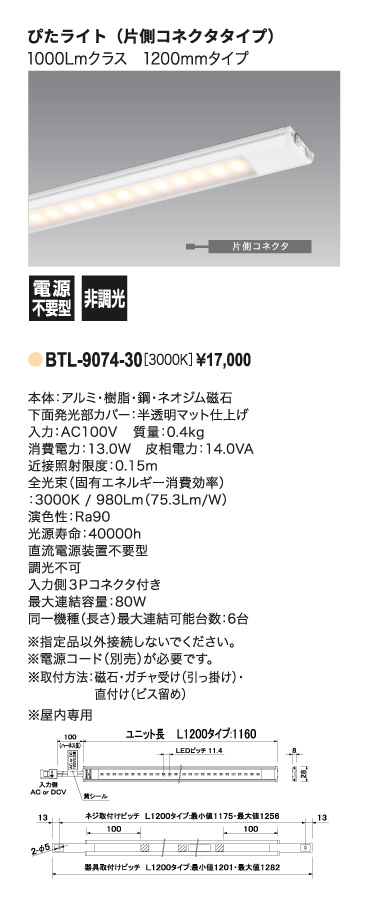 ぴたライト＿BTL-9074-30＿寸法図＿配光図